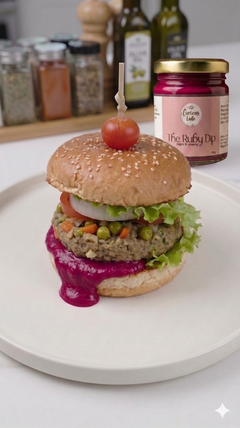 Plant-based veggie burger loaded with The Ruby Dip